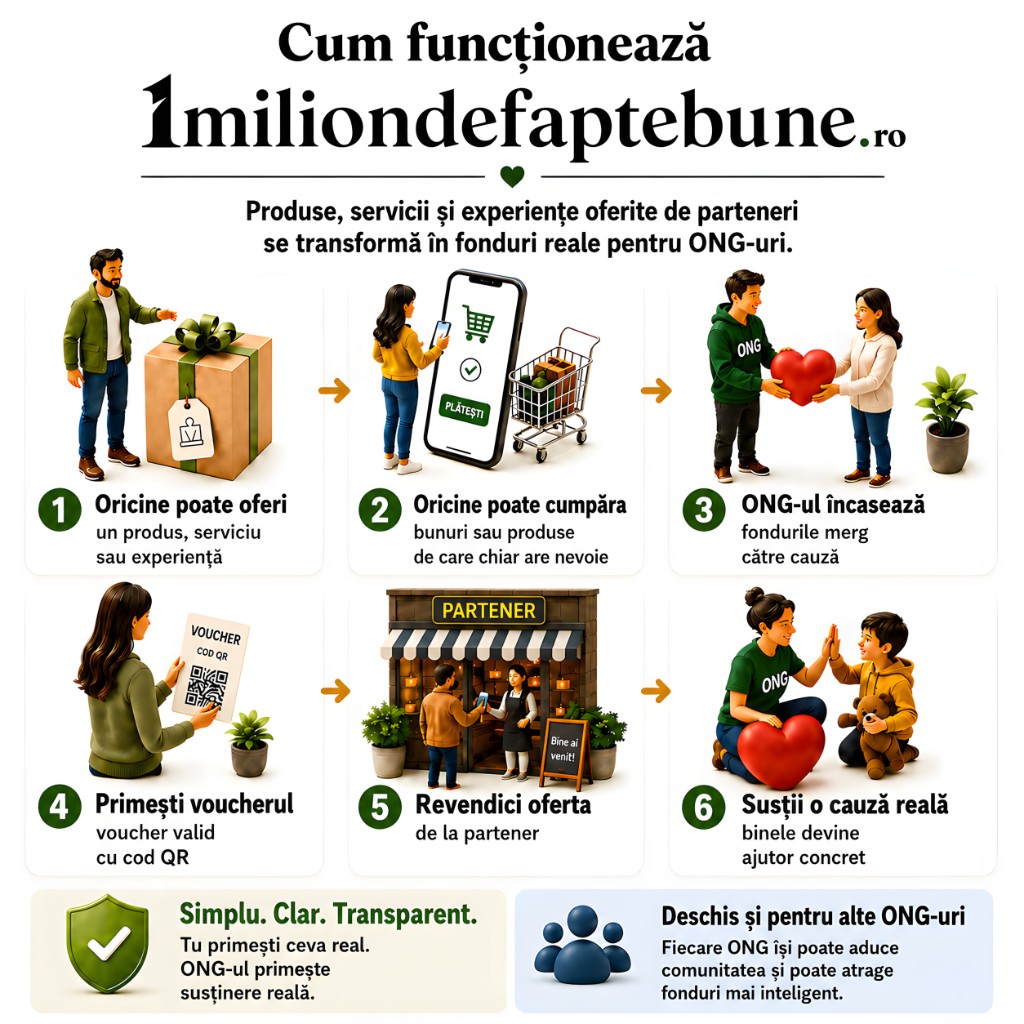 Infografic: cum funcționează 1miliondebine.ro — pași de la oferta partenerului la voucher și utilizare; mesaje despre transparență și deschidere către ONG-uri.
